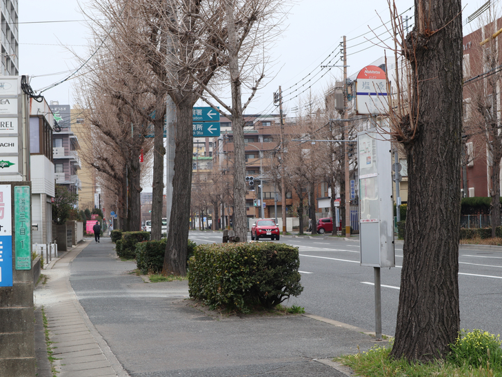 区役所周りの落ち着いた通り「福岡市南区塩原」をゆったり散歩：「塩原バス停」。表示が消えかけている