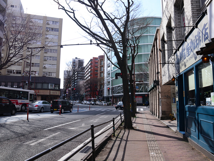 オシャレで趣のある街並み「警固交差点～大濠公園近く」までを散歩：警固交差点（写真奥の信号部分）