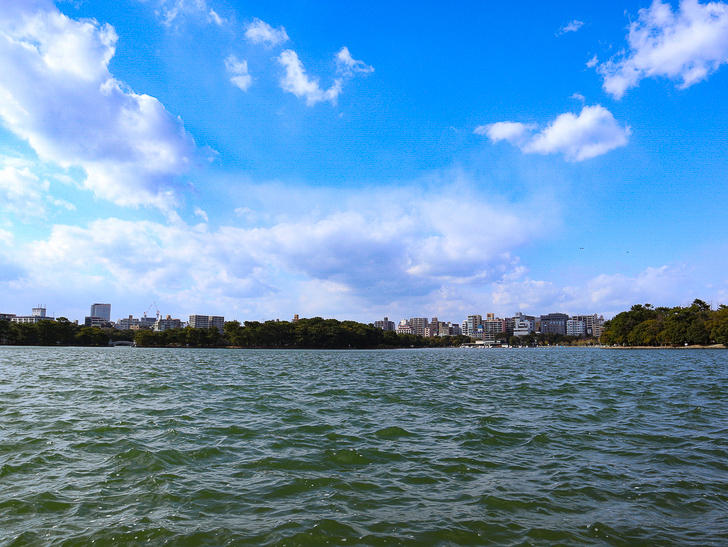 大きな池越しの都会「大濠公園」をまったり散歩：池とビル群と青空