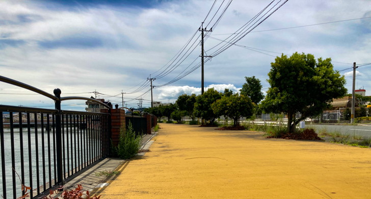 【大牟田市西港町１丁目】なにやらレトロな雰囲気の場所【諏訪川橋】: 黄色い地面と並木