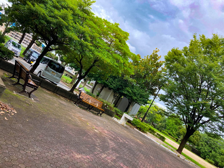 【南区】「那珂川河畔公園」那珂川の濁流を楽しんできた 駐車場横のちょっとした広場（奥側が駐車場）