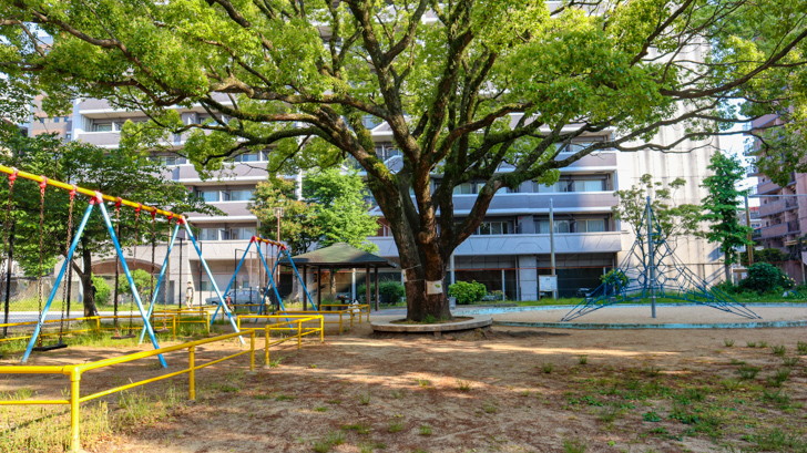 【中央区港】「福崎公園」海の香り漂う、港町の小さな公園 公園の中心には大きな樹木が。