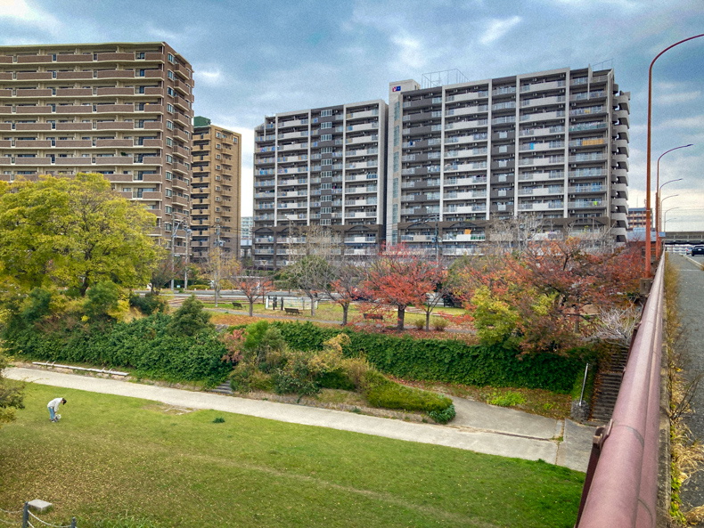 【清水2丁目・美野島】「きよみ立体橋」から見る、冬の美野島 美野島側のマンション