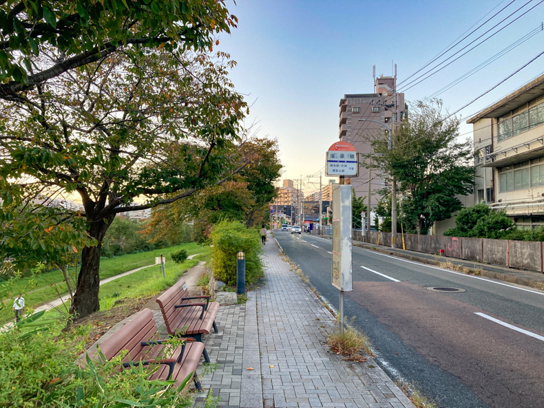 【博多区竹下】バス停「塩原橋」そばの河原を散歩 バス停 塩原橋