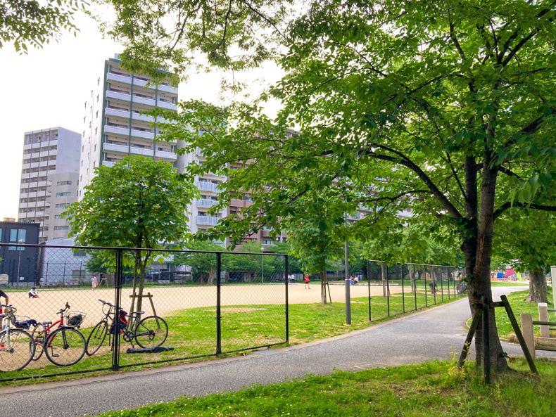 【博多駅前4丁目】「東領公園」を散策 グラウンドと歩道